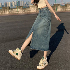 Lunivop Summer Women High-waist Retro A- line Skirt Pockets Front Slit Washed Blue Denim Skirts Hip-covering Straight Long Jeans Skirt