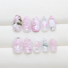 Lunivop 24pcs Summer Sweet Pink Roses Flower Medium Long Almond Nail Art Nails Set Press on Acyrlic Fake Nails Set Nail Tips with Charms