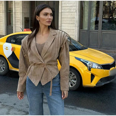 Lunivop Women High Street Leather Jacket 2024 Autumn Winter Versatile Brown Long Sleeves V-neck Lace-up Coats Causal Chic Female Outwear