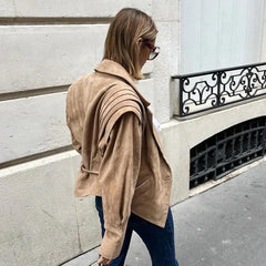 Lunivop Women High Street Leather Jacket 2024 Autumn Winter Versatile Brown Long Sleeves V-neck Lace-up Coats Causal Chic Female Outwear