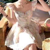 Lunivop French Style Floral Print Mini Summer Dress Women Flying Sleeves V Neck Lace Spliced A-line Dresses Party Robe Vestidos