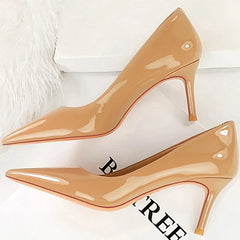 Lunivop Fashion Women Simplicity Glossy Patent Leather 7cm Thin High Heels Pumps Shallow Pointed Toe Lady Shoes Red Nude Green