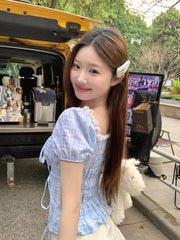 Lunivop Blouse Women Sweet Elegant Plaid Lace Patchwork Bandage Puff Short Sleeve Crop Tops Square Collar Female Casual Shirts