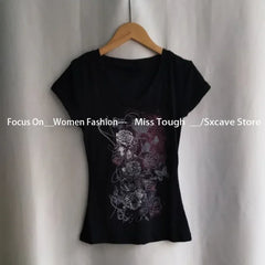 Lunivop Women Grunge T-shirts Summer Bottoming Crop Tops Vintage Slim Harajuku Causal Black Tshirts Y2k Aesthetic Flower Printing