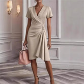 Lunivop Women's Chic Ruched Wrap V Neck Midi Dress Long Sleeve Asymmetric Hem Formal Gown for Elegant Office Work Commute