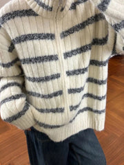 Lunivop Lazy Wind Vintage Striped Cardigan Women Casual Preppy Style Loose Knitted Sweaters Japan Retro Stand Up Collar Long Sleeve Tops