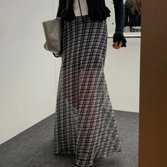 Lunivop Vintage Plaid Skirt Women Korean Style Y2k Mesh Long Skirts Elegant Sweet Harajuku Retro Fashion Skirts Streetwear