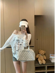 Lunivop T Shirts Women Funny Cartoon Printed Long Sleeve Diagonal Collar Off Shoulder Loose Sweet Tops Female Casual Y2k Tshirt