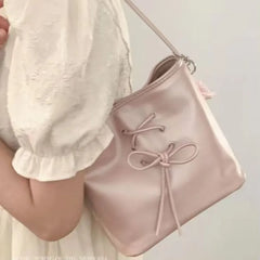 Lunivop Sweet Cute Tied Bow Handbag Women Leather Large Capacity Square Shoulder Bag Ladies Balletcore Elegant Y2k Underarm Bags