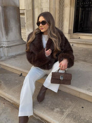 Lunivop Heart Turn-down Collar Faux Fur Coats Women Elegant Brown Long Sleeved Coat Female Autumn Thickening Short High Street Outwears