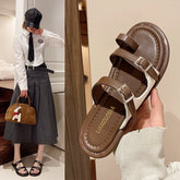 Lunivop Summer Solid Color Flat Sandals New Open Toe Outdoor Slippers Beach Women's Shoes Belt Buckle Slides Zapatos De Mujer