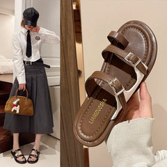 Lunivop Summer Solid Color Flat Sandals New Open Toe Outdoor Slippers Beach Women's Shoes Belt Buckle Slides Zapatos De Mujer