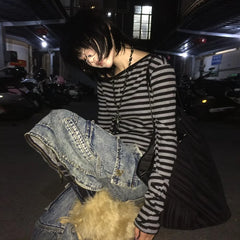 Lunivop Japanese Y2k T-shirt Women Long Sleeve Off Shoulder Striped Crop Tops Y2k Grunge 2000s Aesthetic Streetwear T Shirts