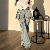 Lunivop Women Hollow Out Hipster Detachable Jeans Pants Fashion Button Fly Zipper 3D Pocket Casual Denim Trousers Y2k Streetwear Bottoms