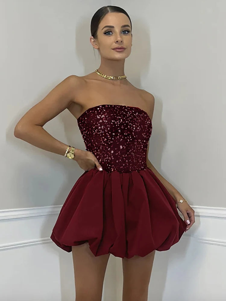 Lunivop Patchwork Sexy Strapless Sequins Sparkling Women Dress Red Backless High Waist Dress Spring Slim Elegant Party Clubwear