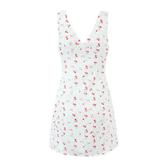 Lunivop Sexy White With Red Cherry Print V neck Mini Tank Dress Women Slim Waist A-Lined Sleeveless Short Robe Holiday
