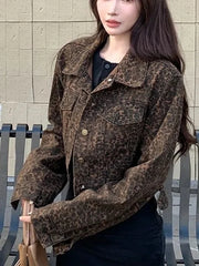 Lunivop Y2K Cropped Leopard Denim Jacket Women Vintage Streetwear Long Sleeve Slim Short Coat American Harajuku Female Hip Hop Tops