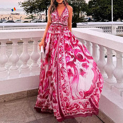 Lunivop Summer New Women's Fashion Sexy Printed Neck Medium and Long Dress
