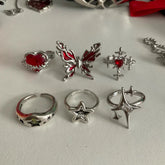 Lunivop Goth Punk Retro Red Crystal Love Heart Cross Geometry Irregular Open Ring Set Y2K Halloween Accessories For Women Kpop Jewelry