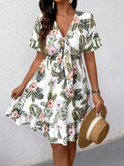 Lunivop Tropical Floral Print Front Knotted Short Sleeve Casual Dress Vacation Outfit