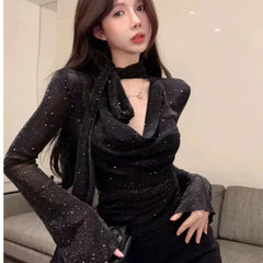 Lunivop Elegant Fashion Sexy V-neck Black T-shirts Y2k Slim Fit Long Sleeve Tee Shirt 2025 Summer New All-match Top for Women