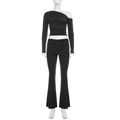 Lunivop Solid 2 Piece Set Sexy Inclined Shoulder Long Sleeve Ruched T-shirts Crop Tops Wrapped Peach Hips Flare Pants Women Casual Suit