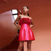 Lunivop Fashion Straight Rose Flower Satin Mini Prom Party Dress Handmade Flowers Short Cocktail Gowns Pretty Strapless Homecoming Dress