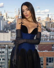 Lunivop Fashion Spaghetti Straps Long Evening Dresses Women Blue And Black Party Tulle Dress Sheer See Thru Draped Pleated Tulle Dress