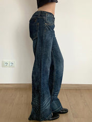 Lunivop Chic Patchwork Pockets Jeans Korean Fashion Low Rise Casual Straight Denim Pants Distressed y2k Trousers for Women Basic