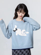 Lunivop Cartoon Cat Print Kawaii Sweaters Women Sweet Bow Long Sleeve Cute Knitted Jumper Vintage Japan O Neck Casual Loose Pullovers