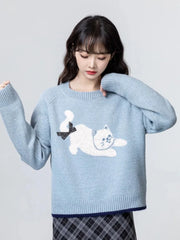 Lunivop Cartoon Cat Print Kawaii Sweaters Women Sweet Bow Long Sleeve Cute Knitted Jumper Vintage Japan O Neck Casual Loose Pullovers