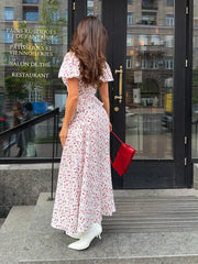 Lunivop Floral Ruffles Patchwork Maxi Dress Women Summer V-neck Puff Sleeve High Waist Fashion Robes Lady Elegant Prty Long Drsss 2025