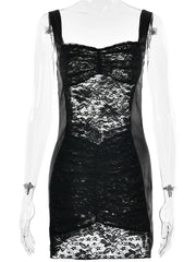 Lunivop Patchwork Satin See Through Lace Women Dress Black Spaghetti Strap Mini Dress Female Spring Slim Elegant Party Clubwear