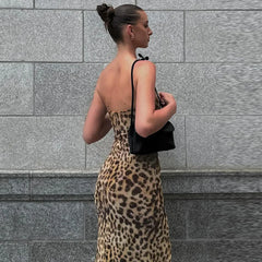 Lunivop Vintage Leopard Print Sexy Strapless Long Dress Outfits For Women High Slipt Sexy Backless Summer Vacation Dresses