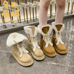 Lunivop New Thicken Plush Snow Boots Women Winter Faux Fur Mid-calf Boots Woman Lace-up Snow Boots Ladies Flat Warm Cotton Shoes
