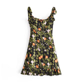 Lunivop Retro French Black with Green Leaves Floral Print Mini Dress Sexy Women Wood ear Ruffles Hem Tide Bow Strap Sling Holiday Robe