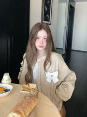 Lunivop Sweet Bow Korean Jacket Women Fall Preppy Style Cute Long Sleeve Coat Vintage Casual O Neck Loose Female Pockets Tops New