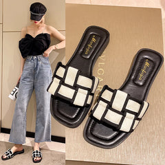 Lunivop Summer New Flat Bottom Slippers for Women Fashion Square Toe Plaid Women Shoes Outdoor Casual Leisure Beach Shoes for Women