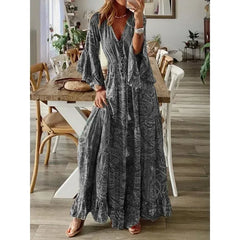 Lunivop Women's S-3XL Size Bohemian Style Trumpet Sleeve Printed V-neck High Waisted Holiday Dress Floral Women's Long Dress