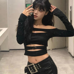 Lunivop Vintage Hollow Sexy Slim All Match Long-sleeved T-shirt Women 2024 Summer New Streetwear Strapless Casual Black Crop Tops