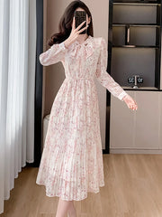 Lunivop Pink Floral Chiffon Casual Beach Long Dress Women Spring Elegant Chic Bow Y2k Dress Korean Fashion Bodycon Evening Dresses