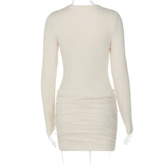 Lunivop Basic Ruched Bodycon Mini Dress Women Solid Sexy V Neck Long Sleeve Peach Hips Slim Party Clubwear Autumn Casual Streetwear