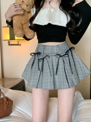 Lunivop Y2k Kawaii All-match Bow Sweet Plaid Skirt Women Small Preppy High Waist Slim Pleated Skirt A-line Short Dress Summer