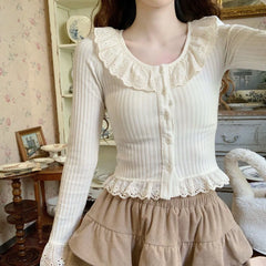 Lunivop Korean Style Sweet T-Shirts Women Elegant Lace Kawaii Long Sleeve Tops Autumn Winter Cutecore Female Solid T-Shirts