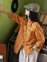Lunivop Vintage patchwork Women Striped Shirt Korean 90S Casual Long Sleeve Blouse Turn Down Collar Female Beautiful Design Tops