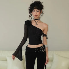 Lunivop Flare Sleeve Chic Elegant 3D Floral One Shoulder Lace-up Crop Top Y2K Solid Casual Slim Fit Party Streetwear Tank Top