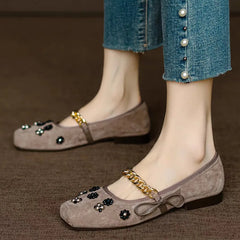 Lunivop Fashion Women's Flat Shoes Square Toe Metal Chain Casual Shoes for Woman Breathable Slip-on Outdoor Soft Bowknot Mary Jane Shoes
