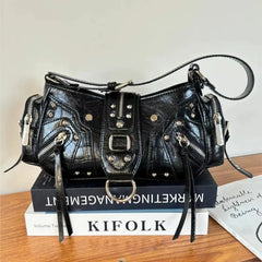Lunivop Vintage Black Y2k Shoulder Bags Women Sweet Cool Hot Girls Rivet Pu Leather Handbag Ladies Moto Biker Underarm Bag Chic