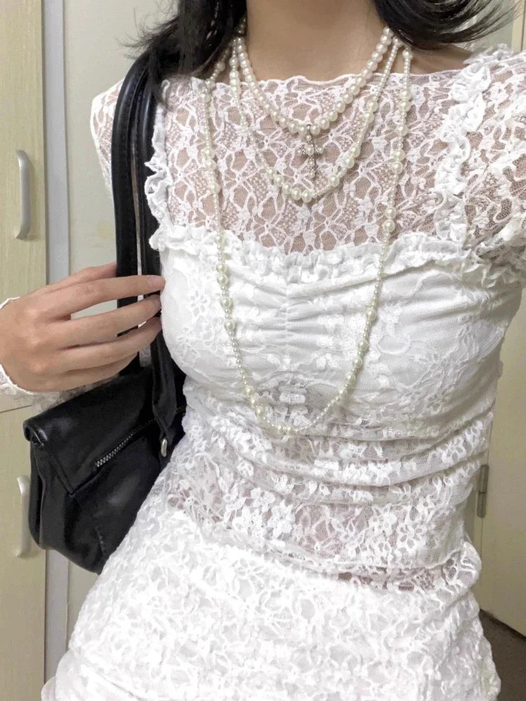 Lunivop Sexy See Through Lace T-Shirts Women Coquette Sweet Elegant Tops Y2k Solid Streetwear Long Sleeve T-Shirts Aesthetics