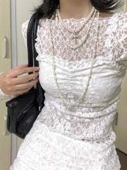 Lunivop Sexy See Through Lace T-Shirts Women Coquette Sweet Elegant Tops Y2k Solid Streetwear Long Sleeve T-Shirts Aesthetics